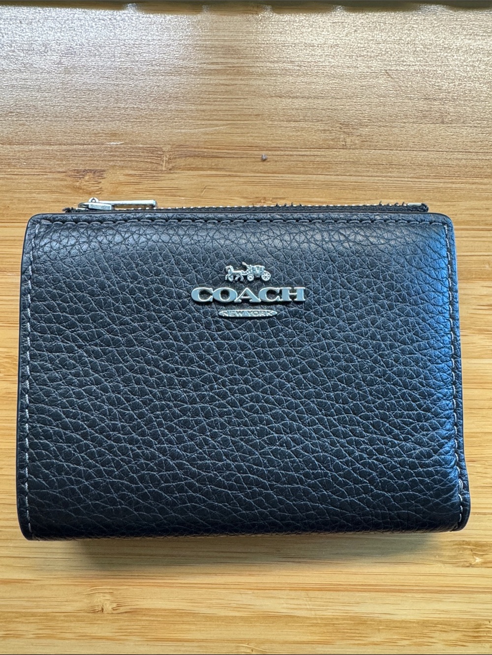 Coach Black Pebbled Leather Compact Zip Wallet with Silver Logo